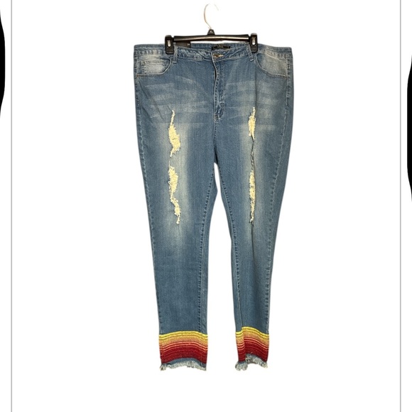 Lucky & blessed Distressed Jeans with Colorful embroidered hem plus size 24 - Picture 2 of 8